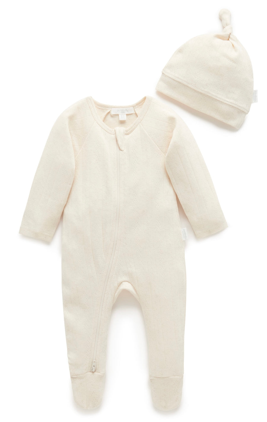 Purebaby Premmie Zip Pointelle Growsuit and Hat set