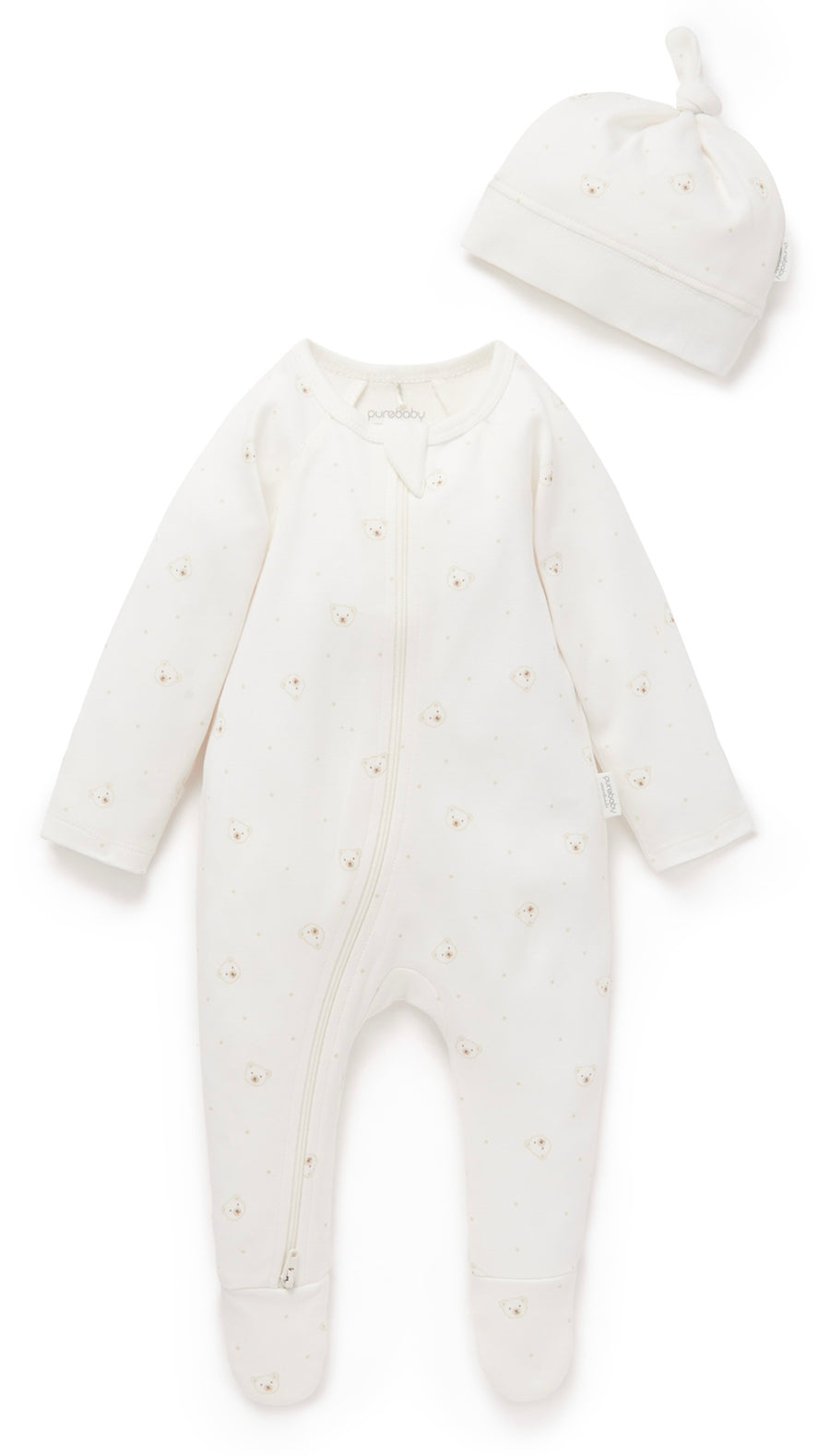 Purebaby Premmie Zip Growsuit and Hat set - Teddy