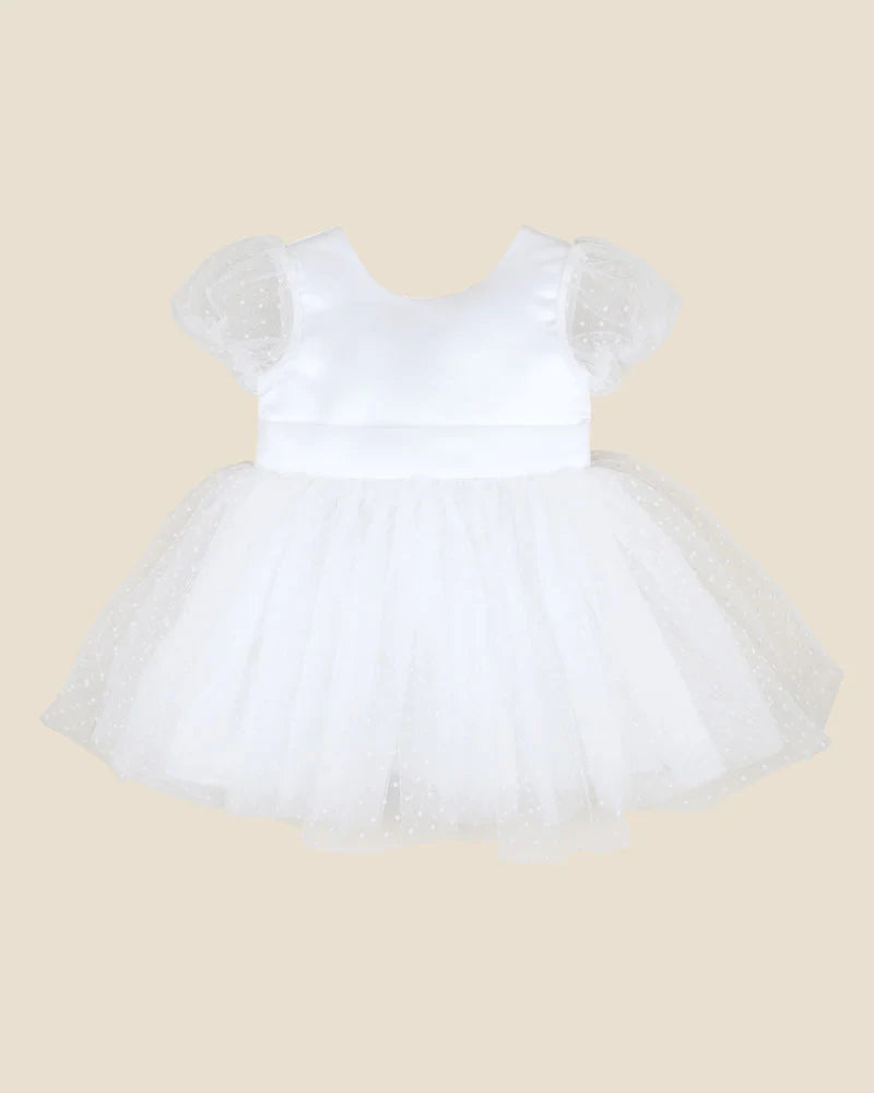 Ivory Spot Puff Sleeve with Back Bow Dress in Ivory - Bebe
