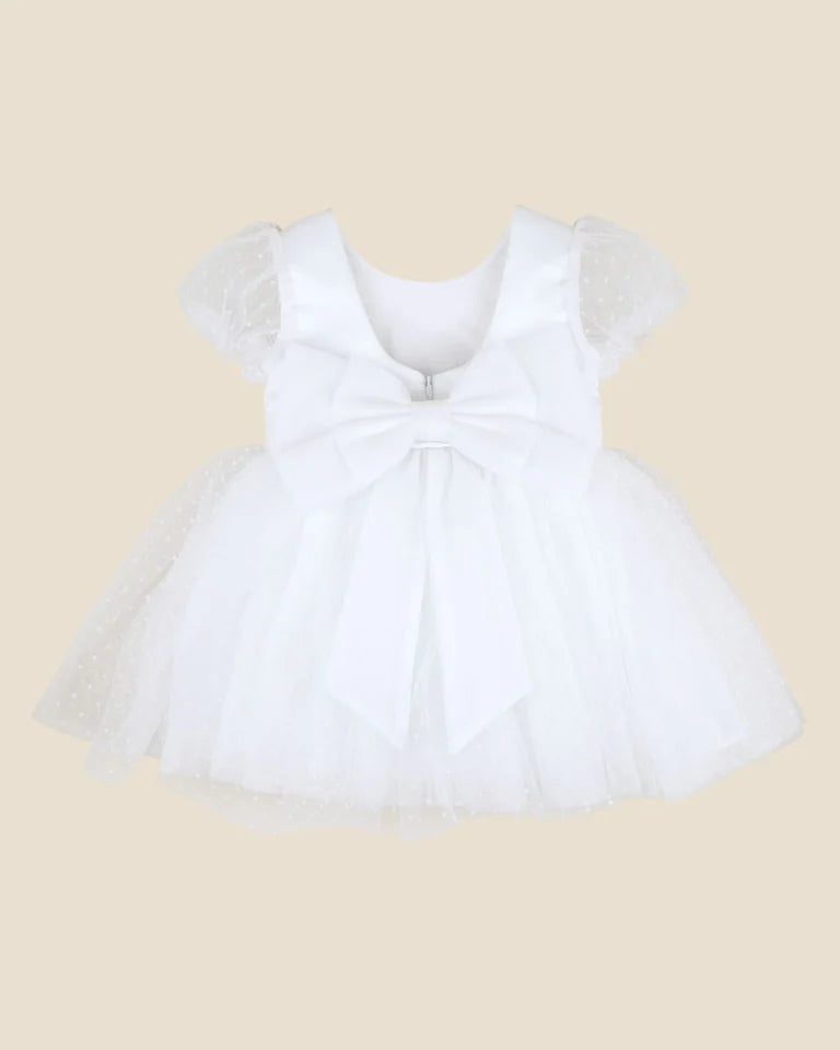 Ivory Spot Puff Sleeve with Back Bow Dress in Ivory - Bebe